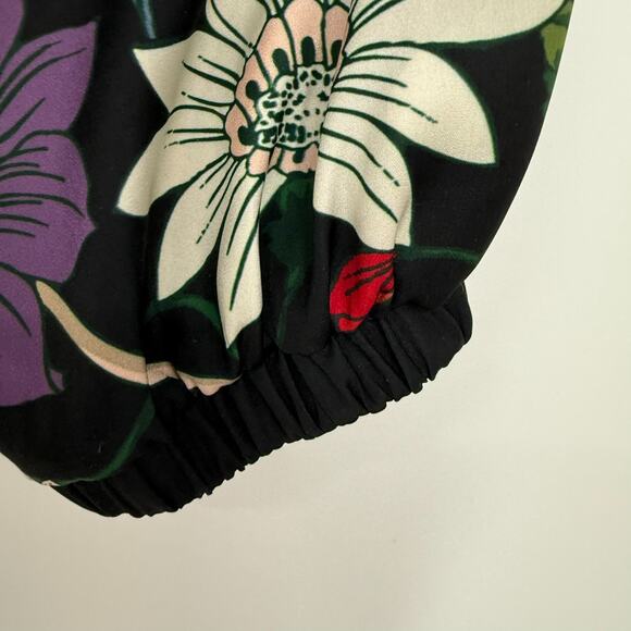 Chicos Reversible Bomber Jacket Womens 12/14 Black Floral Polka Dot Silky Zip Up - Picture 9 of 15